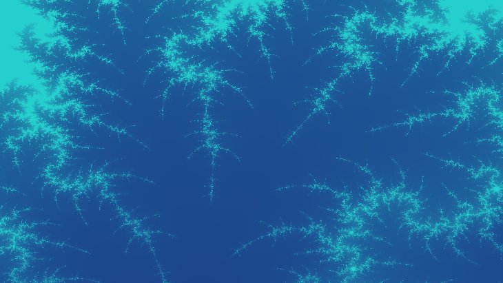 a zoomed in view of a mandelbrot fractal using teal and blue shades