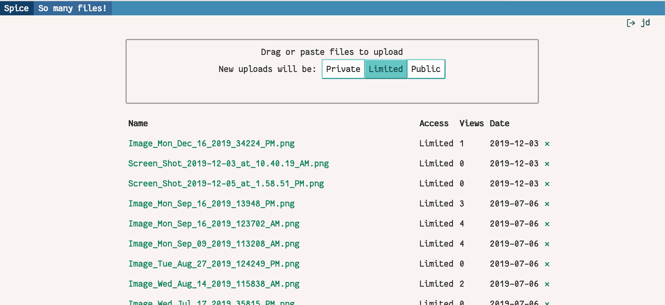 screenshot of spice, a personal file image hosting site