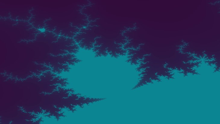 a zoomed in view of a mandelbrot fractal using purple and teal